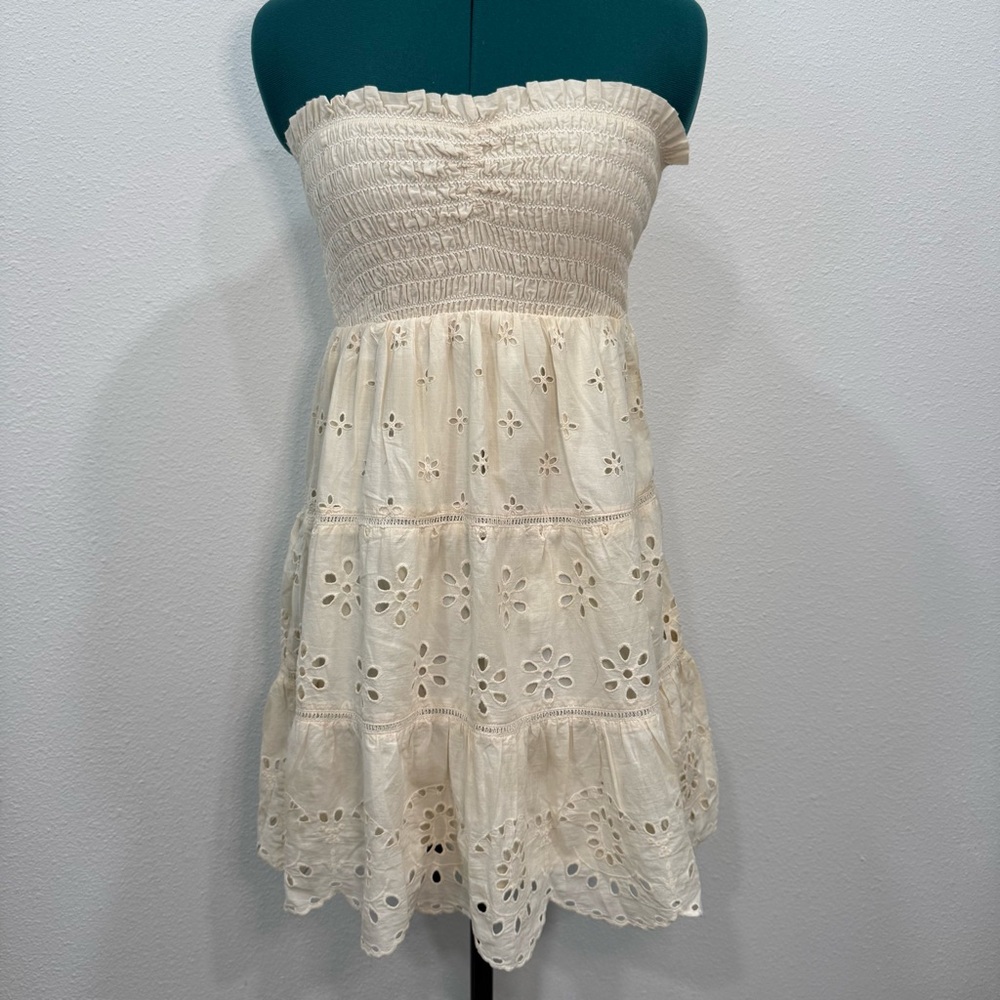 American Eagle Outfitters Cream Strapless Eyelet Dress